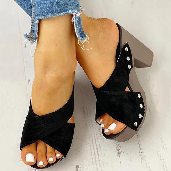 Rivet Criss Cross Chunky Block Heels Platform Slip-on Sandals ...